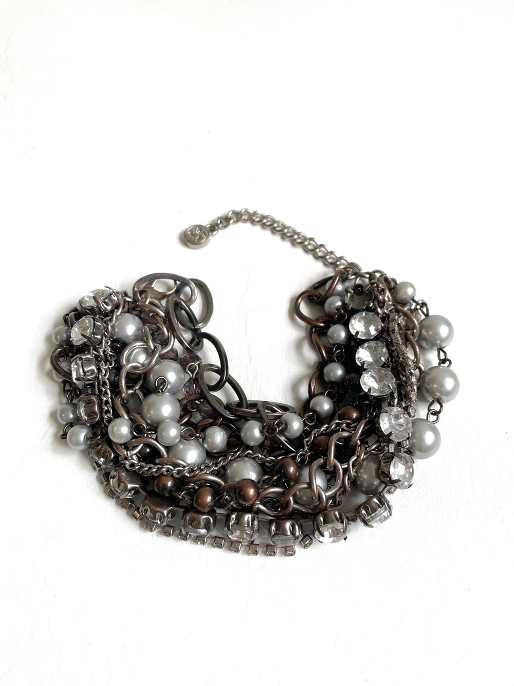 CHUNKY MULTI STRAND BRACELET GRAY FAUX PEARLS RHINESTONES METAL TONE CHAIN LINKS